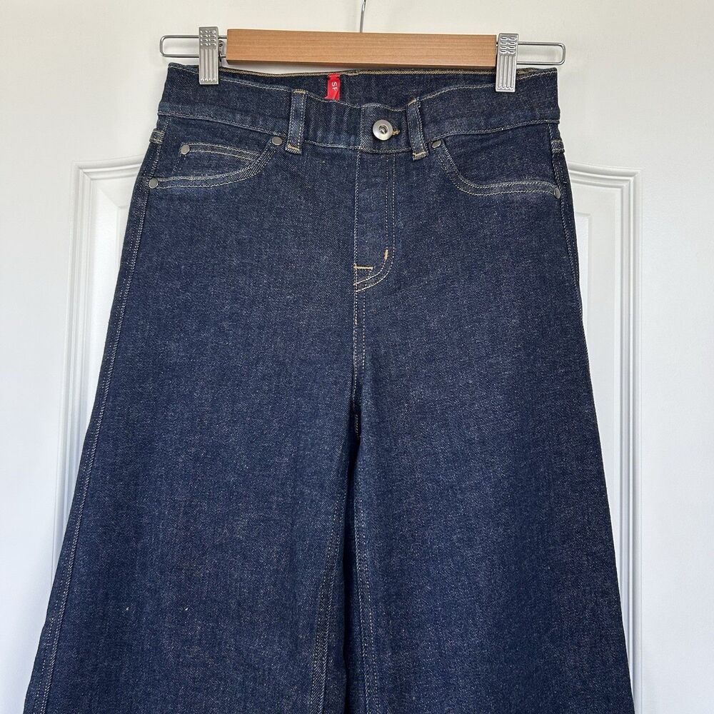 SPANX Jeans Raw Indigo Dark Wash Womens S Petite Wide Leg Stretch High Rise